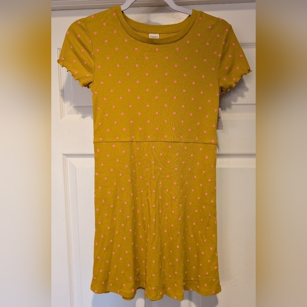 NWT Arizona Jean Co Girls Golden Triumph Dot Gold & Pink Dress Size Medium 10/12
